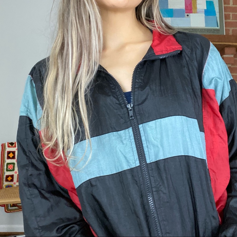 Vintage 90s Colorblock Oversized Nylon Windbreaker J Blair Full Zip Pock…